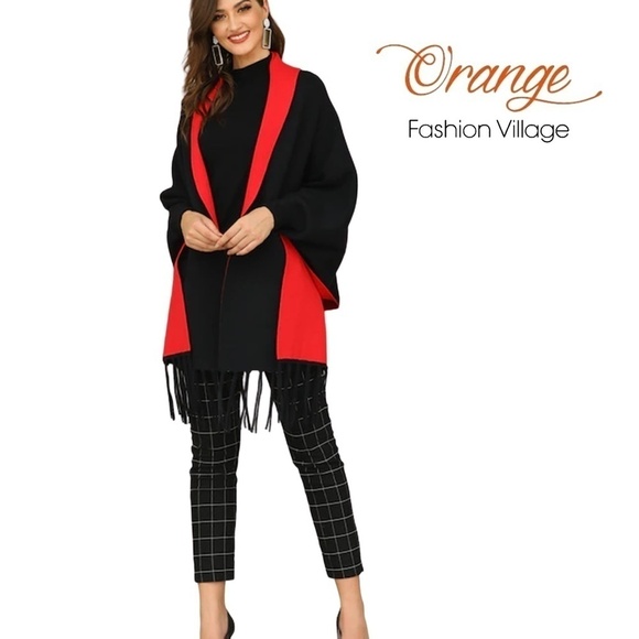 Black and Red Reversible Shawl Sweater Cape Open Poncho Fringe Tassels OS 4-14 - Picture 12 of 14